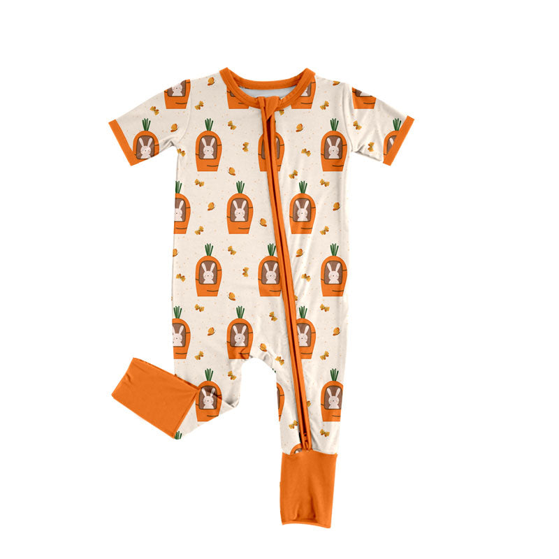 Preorder (moq 5) Baby Girl Clothes Easter Bunny In Carrot House Allover Print Short Sleeve Zip Convertible Romper Jumpsuit