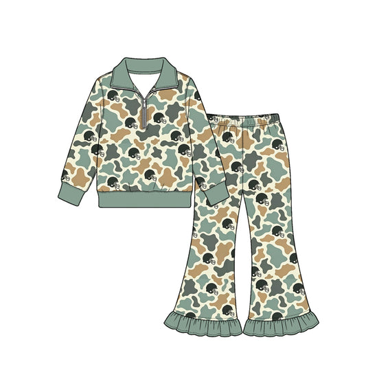 Preorder (moq 5) Baby Girl Clothes Sage Cow Camo Football Helmet Print Long Sleeve Half Zip Top Ruffle Flare Pant Set