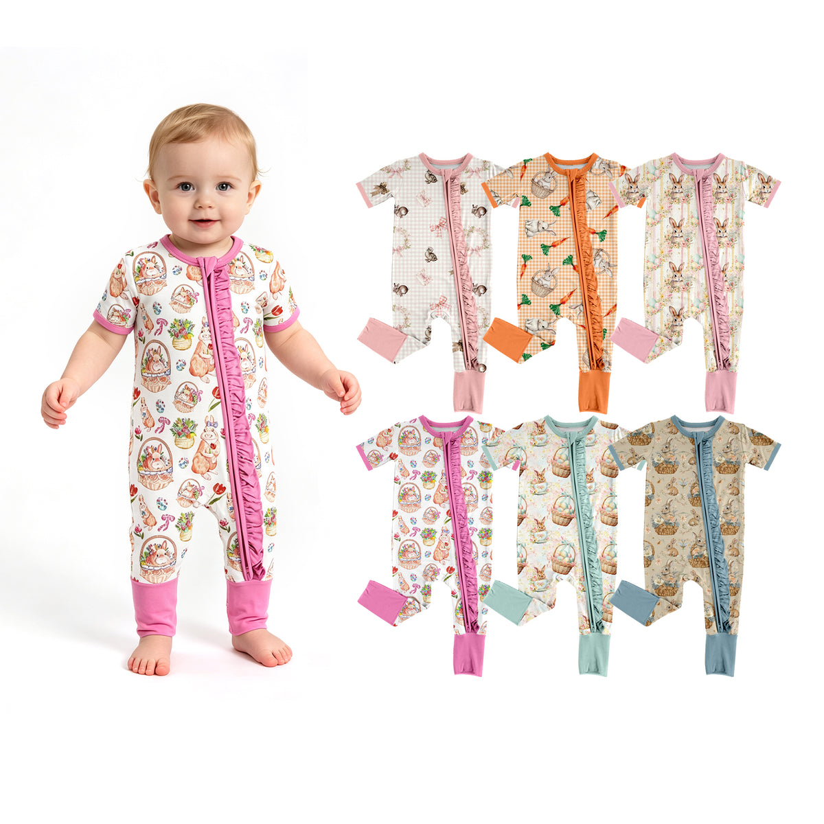 Preorder (moq 5) Baby Girl Clothes Easter Bunny Carrot Basket Gingham Print Short Sleeve Zipper Ruffle Romper