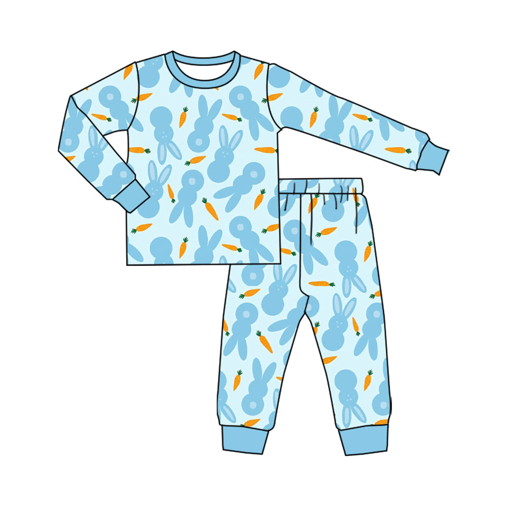 Preorder (moq 5) Baby Boy Clothes Easter Light Blue Bunny Carrot Silhouette Print Long Sleeve Pajama Set