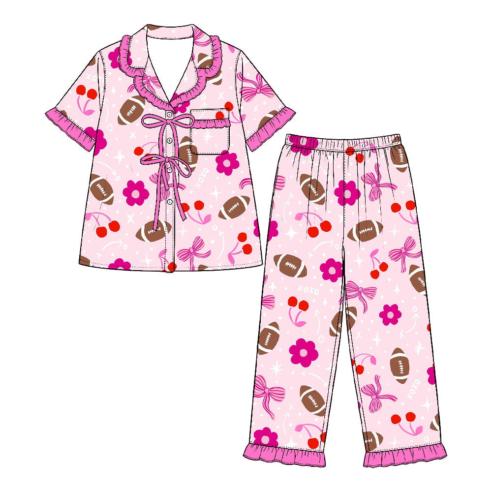 Preorder (moq 5) Baby Girl Clothes Football Cherry Flower Bow Mixed Print Short Sleeve Ruffle Pajama Set