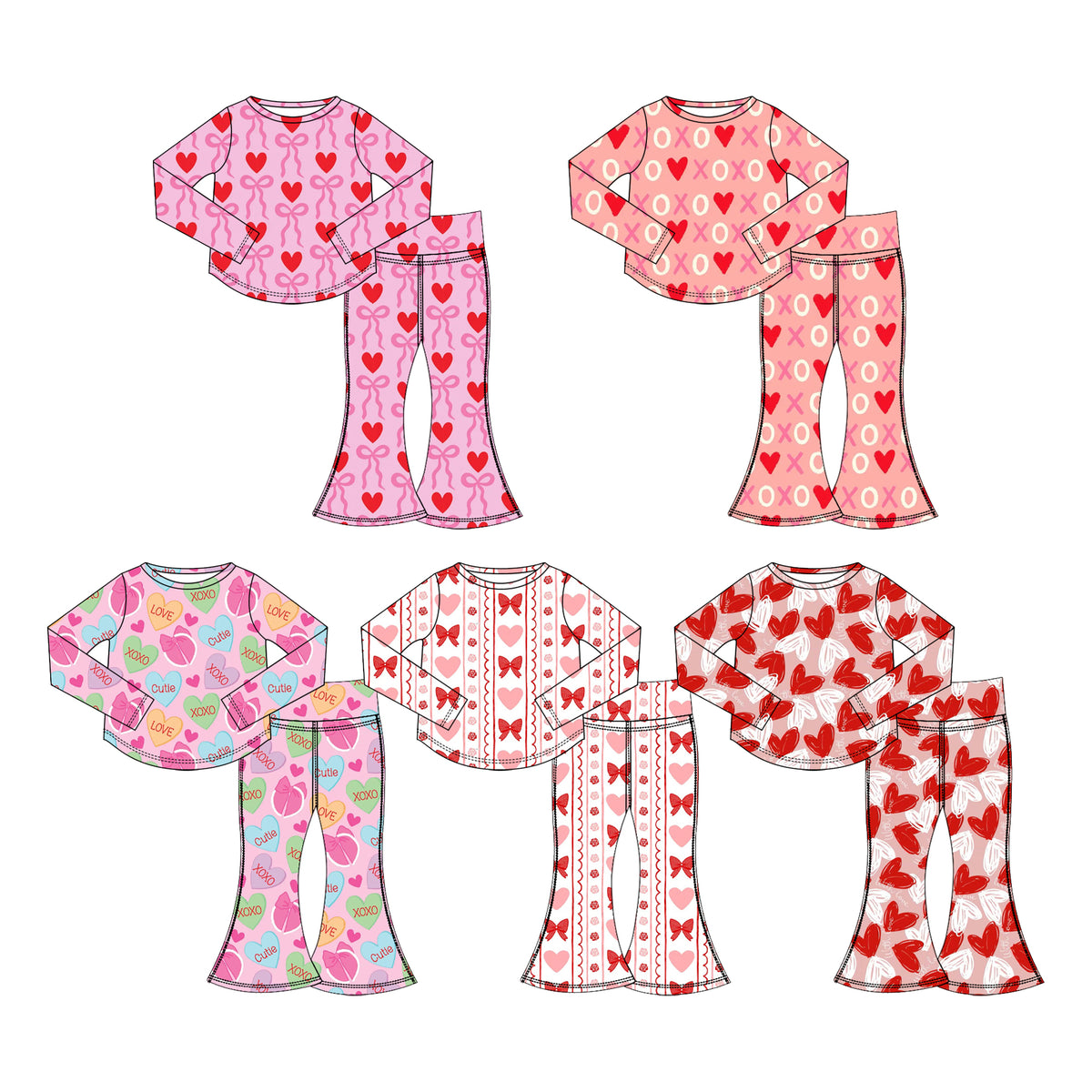 Preorder (moq 5) Baby Girl Clothes Valentines XOXO Heart Print Long Sleeve Flare Pant Set
