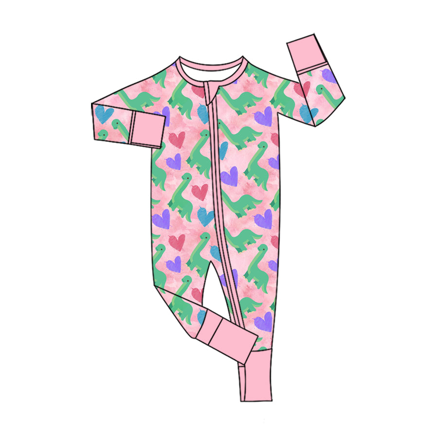Preorder (moq 5) Baby Girl Clothes Dinosaur Heart Watercolor Print Long Sleeve Zipper Romper Jumpsuit