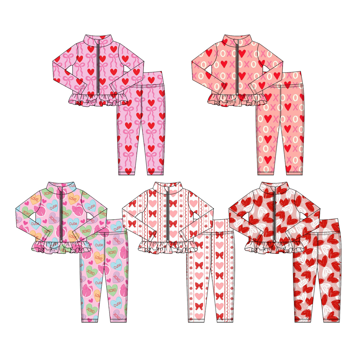 Preorder (moq 5) Baby Girl Clothes Valentine Sketch Red Heart Print Long Sleeve Zipper Ruffle Rash Guard Set