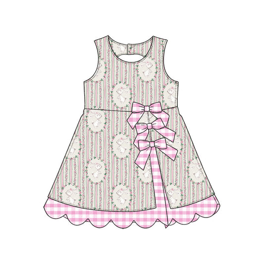 Preorder (moq 5) Baby Girl Clothes Easter Bunny Floral Circle Stripe Print Sleeveless Dress With Plaid Bow