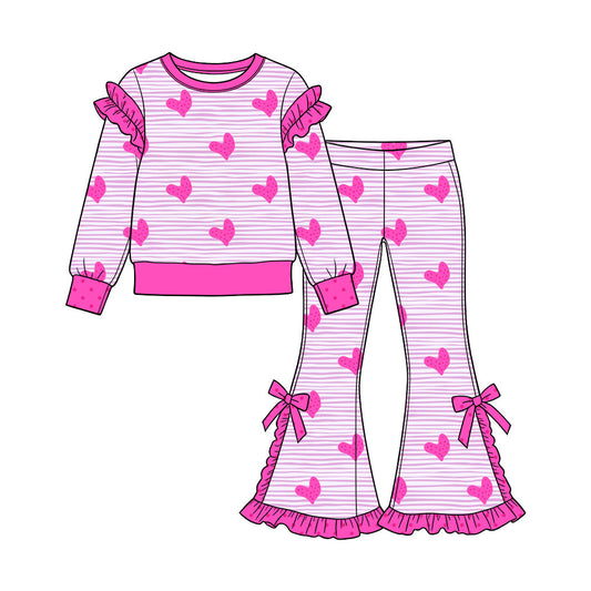 Preorder (moq 5) Baby Girl Clothes Light Striped Bright Pink Heart Print Long Sleeve Ruffle Top Bow Ruffle Flare Pant Set