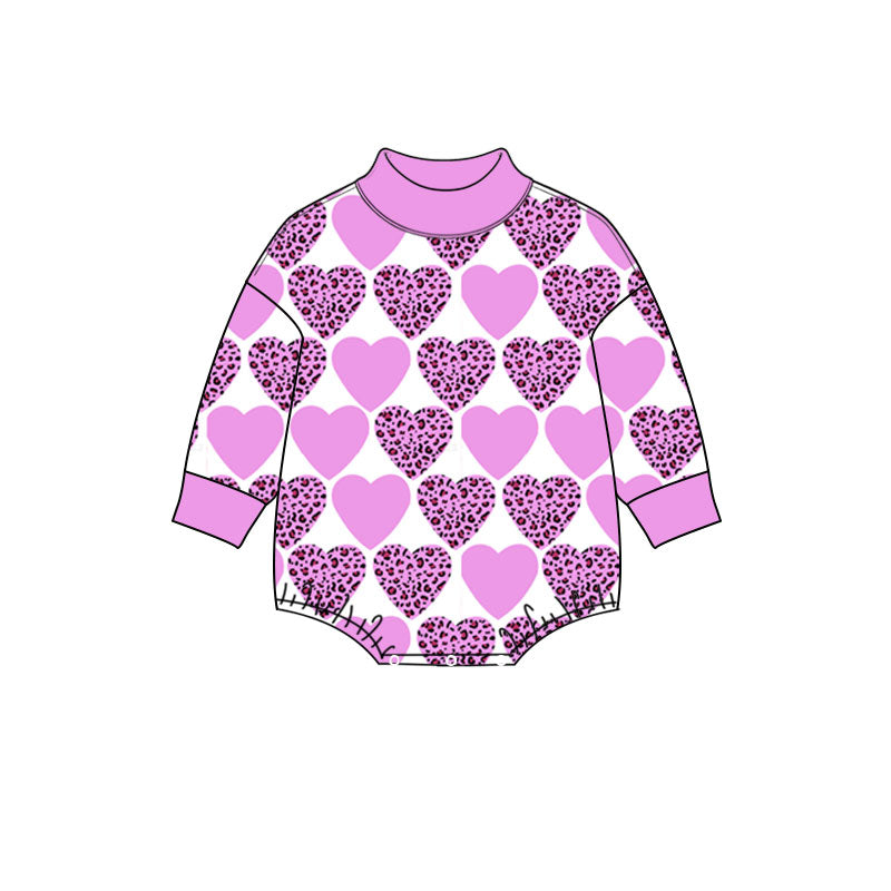 Preorder (moq 5) Baby Girl Clothes Valentine Light Purple Solid And Leopard Heart Checkered Print Long Sleeve Turtleneck Bodysuit