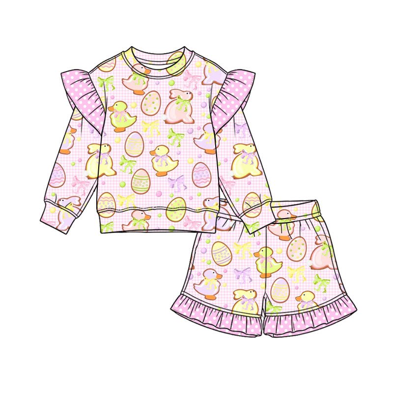 Preorder (moq 5) Baby Girl Clothes Easter Bunny Duck Egg Gingham Print Long Sleeve Ruffle Top Ruffle Shorts Outfit Set