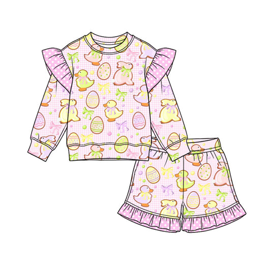 Preorder (moq 5) Baby Girl Clothes Easter Bunny Duck Egg Gingham Print Long Sleeve Ruffle Top Ruffle Shorts Outfit Set
