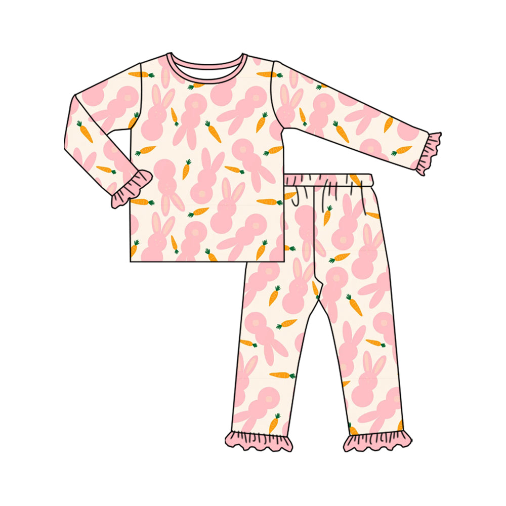 Preorder (moq 5) Baby Girl Clothes Easter Light Pink Bunny Carrot Silhouette Print Ruffle Long Sleeve Pajama Set