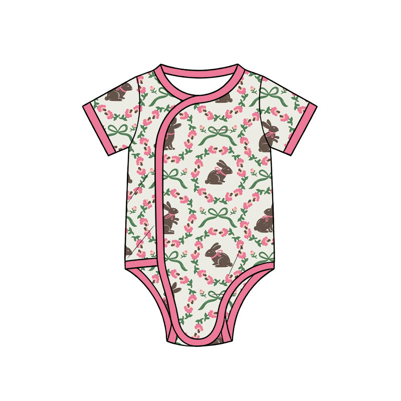 Preorder (moq 5) Baby Girl Clothes Brown Bunny Floral Bow Mixed Print Short Sleeve Side Snap Bodysuit