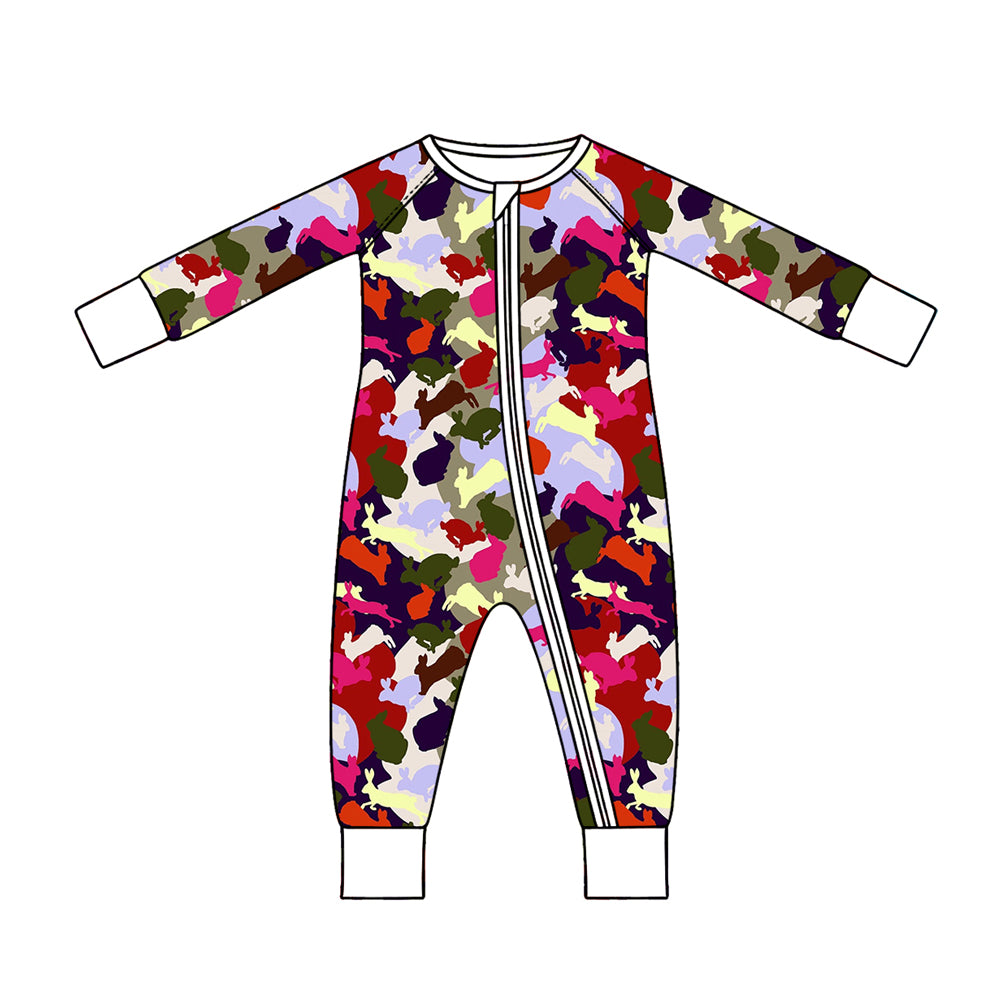 Preorder (moq 5) Baby Boy Clothes Easter Bunny Multicolor Camo Silhouette Print Long Sleeve Zipper Romper