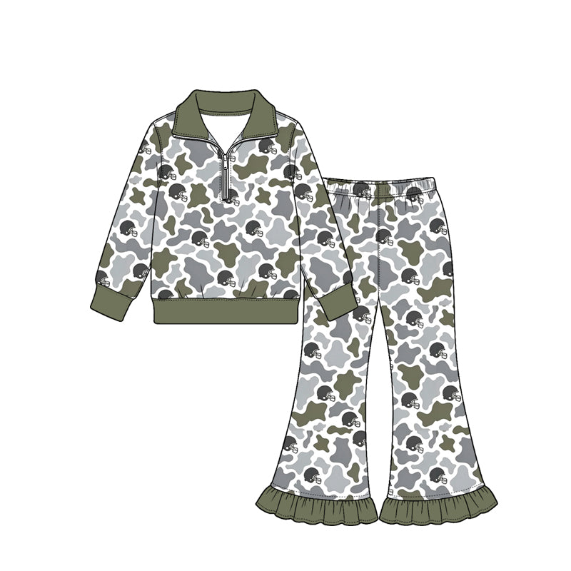 Preorder (moq 5) Baby Girl Clothes Olive Gray Cow Camo Football Helmet Print Long Sleeve Half Zip Top Ruffle Flare Pant Set