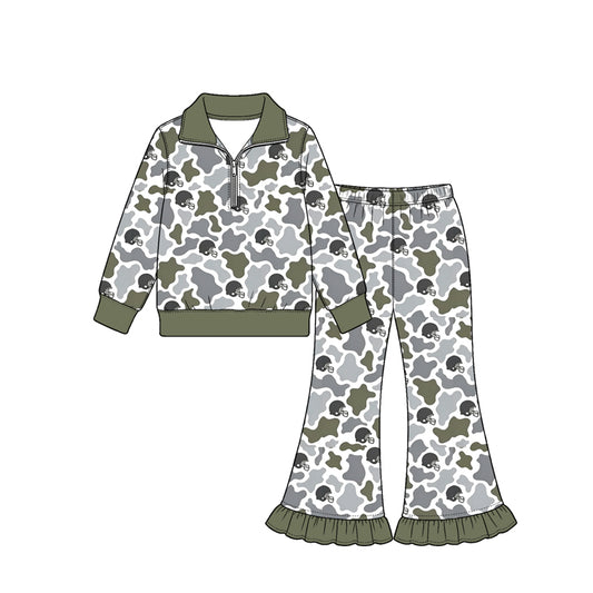 Preorder (moq 5) Baby Girl Clothes Olive Gray Cow Camo Football Helmet Print Long Sleeve Half Zip Top Ruffle Flare Pant Set