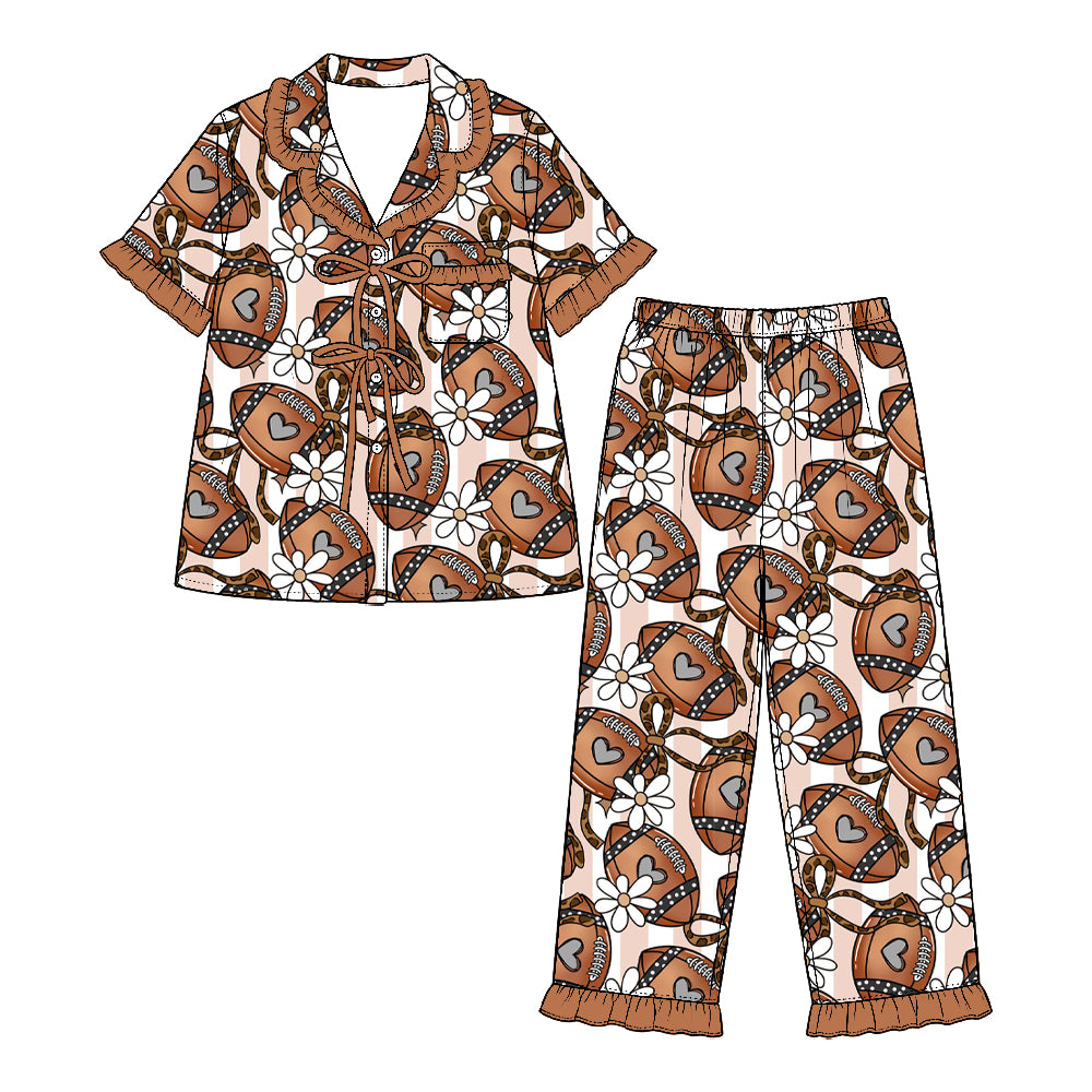 Preorder (moq 5) Baby Girl Clothes Leopard Football Daisy Heart Print Short Sleeve Ruffle Pajama Set