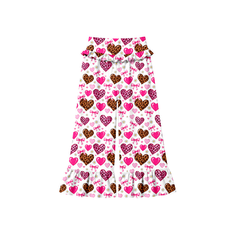 Preorder (moq 5) Baby Girl Clothes Leopard Heart Bow Mixed Print Ruffle High Waist Flare Pant