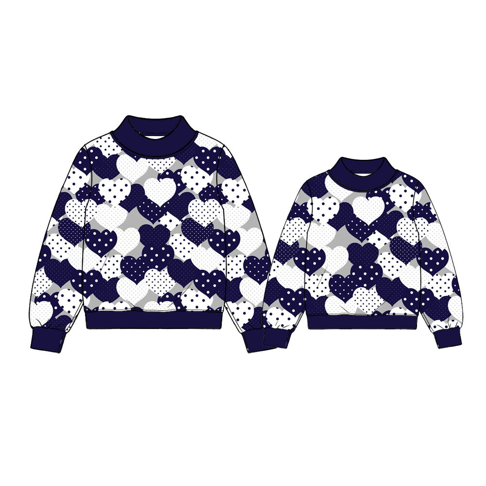 Preorder (moq 5) Women Clothes Navy White Polka Dot Heart Mixed Print Long Sleeve Mock Neck Top