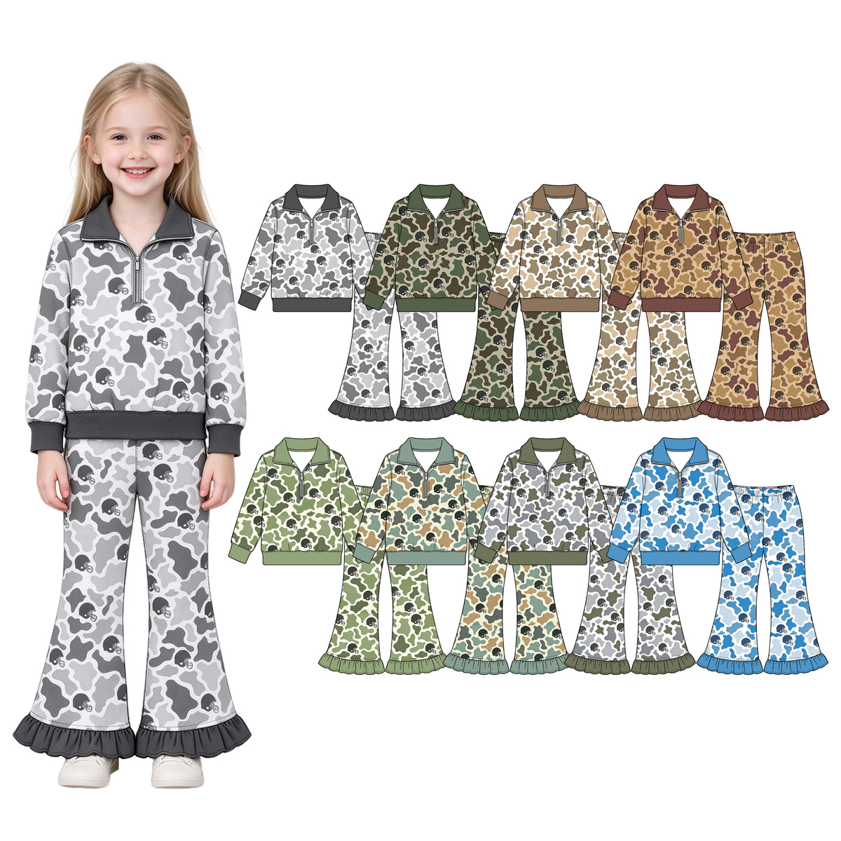 Preorder (moq 5) Baby Girl Clothes Blue Cow Camo Football Helmet Print Long Sleeve Half Zip Top Ruffle Flare Pant Set