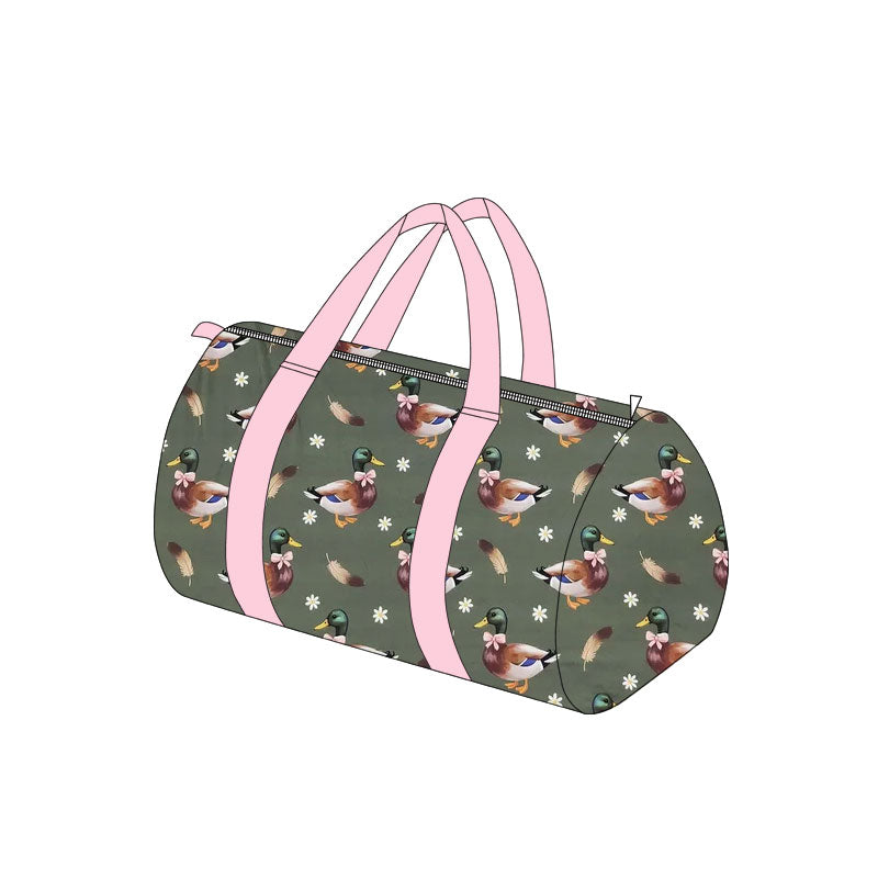 Preorder (moq 5) Kids Duffle Bag Mallard Duck Daisy Feather Print Pink Handle Weekend Overnight Gym Bag