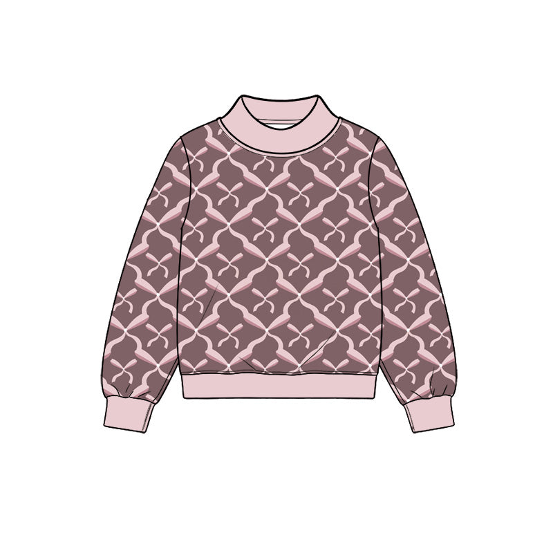 Preorder (moq 5) Women Clothes Brown Base Pink Bow Geometric Print Long Sleeve Mock Neck Top