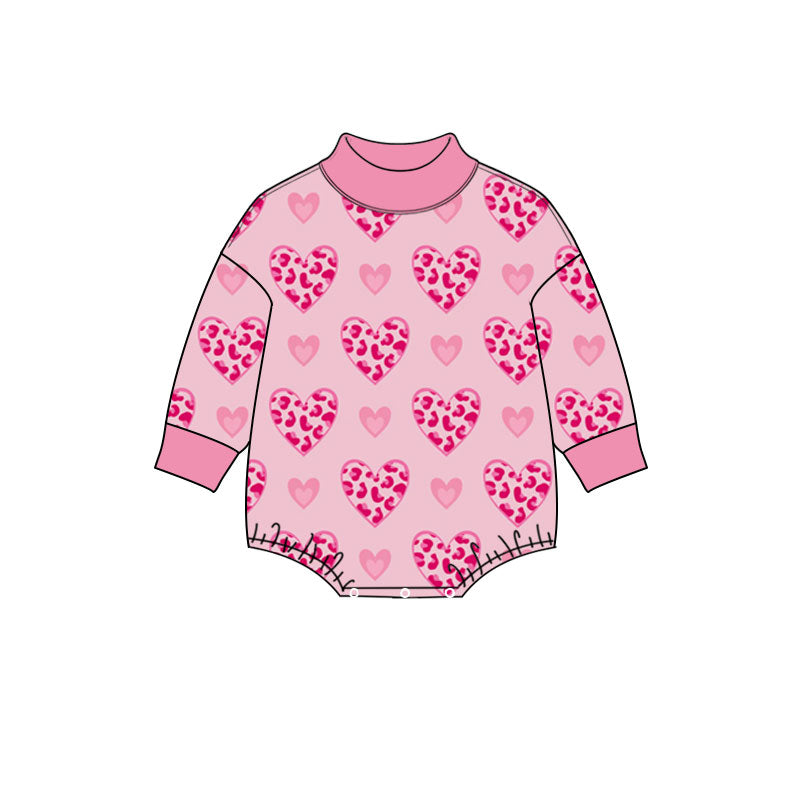 Preorder (moq 5) Baby Girl Clothes Valentine Pink Leopard And Solid Heart Allover Print Long Sleeve Turtleneck Bodysuit
