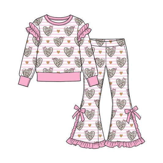 Preorder (moq 5) Baby Girl Clothes Pink Striped Leopard Heart Print Long Sleeve Ruffle Top Bow Ruffle Flare Pant Set