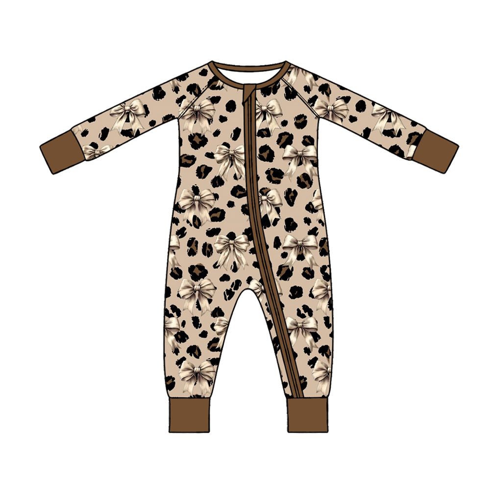 Preorder (moq 5) Baby Girl Clothes Classic Leopard White Bow Print Long Sleeve Zipper Romper