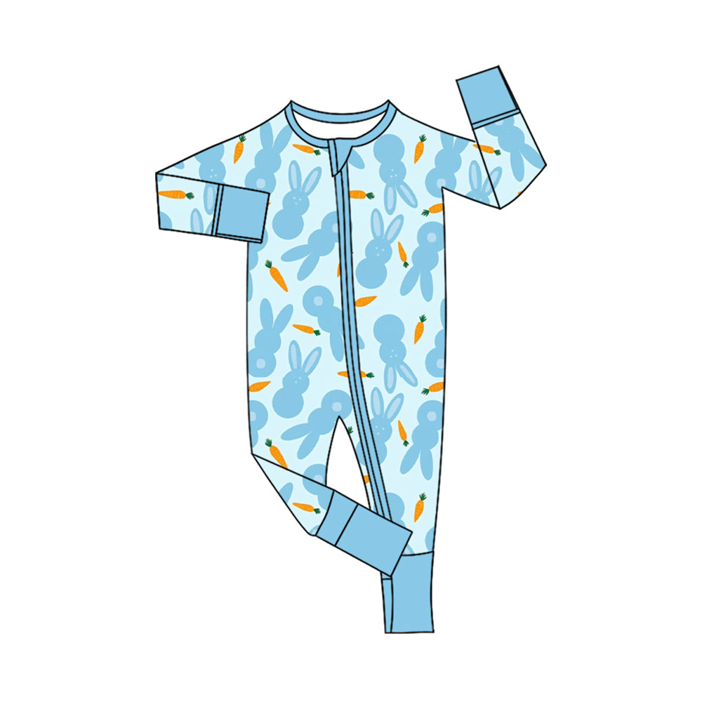 Preorder (moq 5) Baby Boy Clothes Easter Light Blue Bunny Carrot Silhouette Print Long Sleeve Zipper Romper