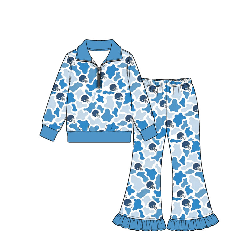 Preorder (moq 5) Baby Girl Clothes Blue Cow Camo Football Helmet Print Long Sleeve Half Zip Top Ruffle Flare Pant Set