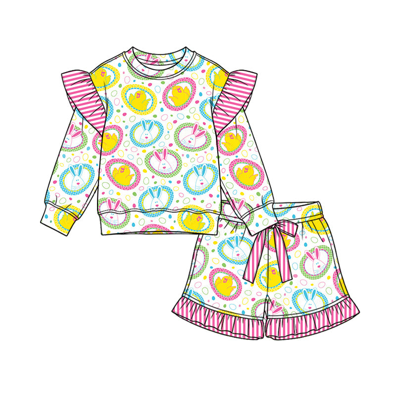 Preorder (moq 5) Baby Girl Clothes Easter Bunny Chick Circle Print Long Sleeve Stripe Ruffle Top Ruffle Short Set