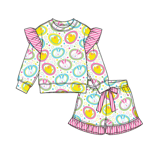 Preorder (moq 5) Baby Girl Clothes Easter Bunny Chick Circle Print Long Sleeve Stripe Ruffle Top Ruffle Short Set