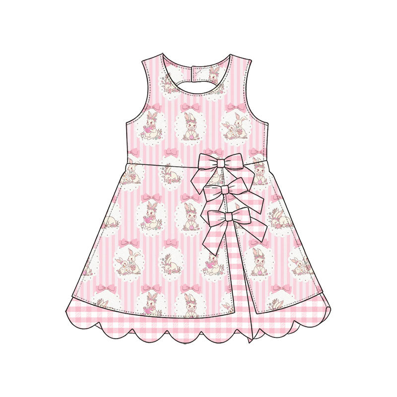 Preorder (moq 5) Baby Girl Clothes Easter Bunny Bow Pink Stripe Print Sleeveless Dress With Plaid Bow