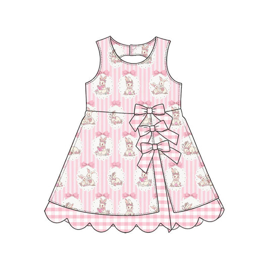 Preorder (moq 5) Baby Girl Clothes Easter Bunny Bow Pink Stripe Print Sleeveless Dress With Plaid Bow