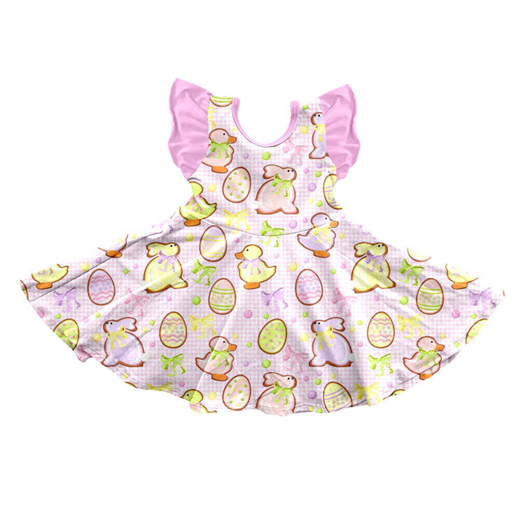 Preorder (moq 5) Baby Girl Clothes Easter Bunny Duck Egg Gingham Print Flutter Sleeve Twirl Dress