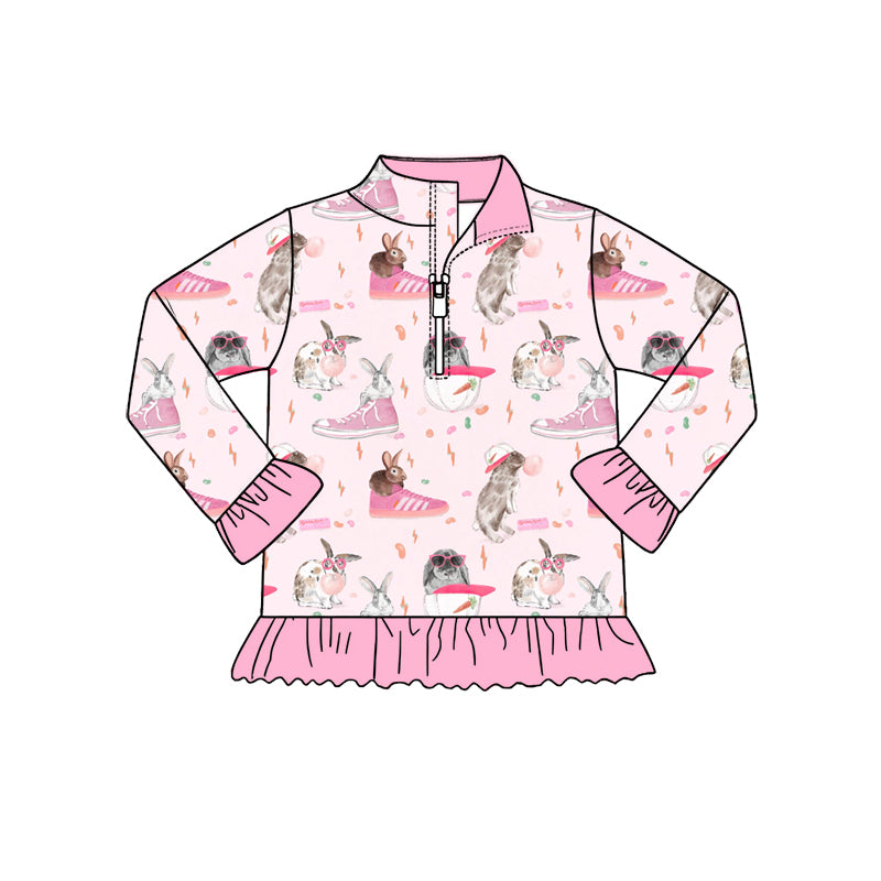 Preorder (moq 5) Baby Girl Clothes Cool Bunny Sneaker Mixed Print Long Sleeve Quarter Zip Ruffle Pullover