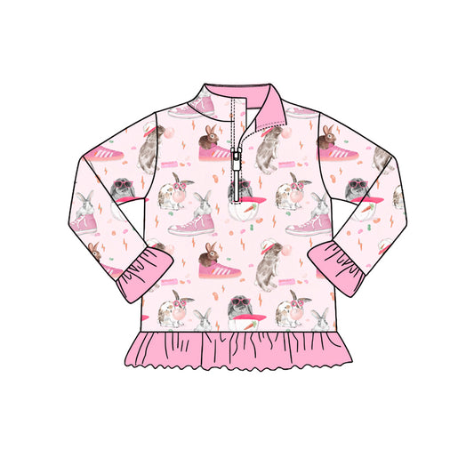 Preorder (moq 5) Baby Girl Clothes Cool Bunny Sneaker Mixed Print Long Sleeve Quarter Zip Ruffle Pullover
