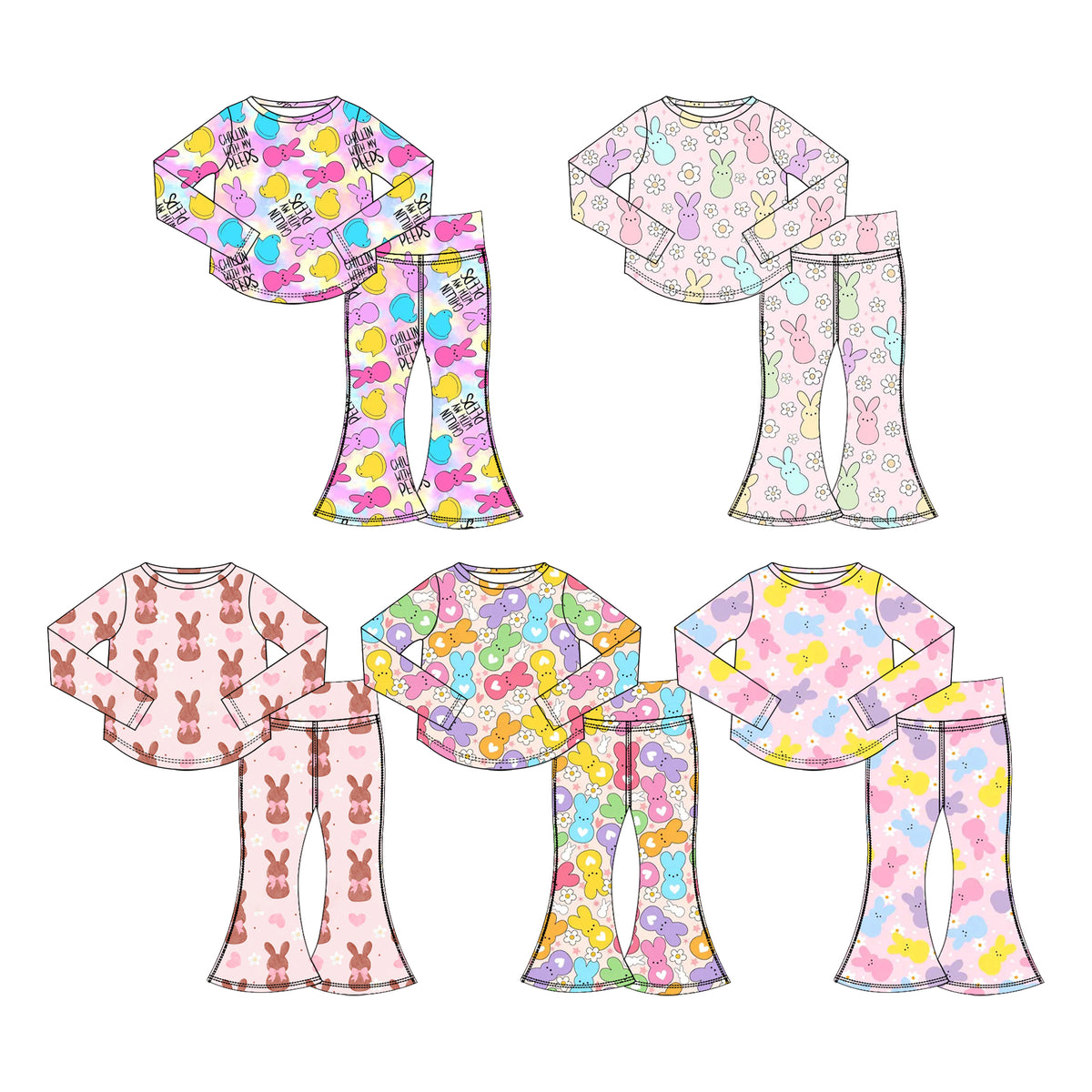 Preorder (moq 5) Baby Girl Clothes Easter Heart Bunny Daisy Mixed Print Long Sleeve Flare Pant Set