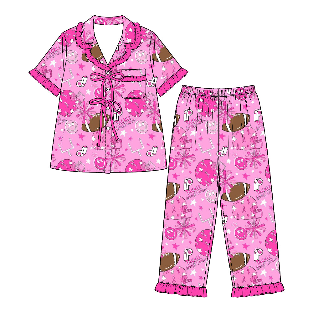 Preorder (moq 5) Baby Girl Clothes Pink Football Smile Star Sport Print Short Sleeve Ruffle Pajama Set