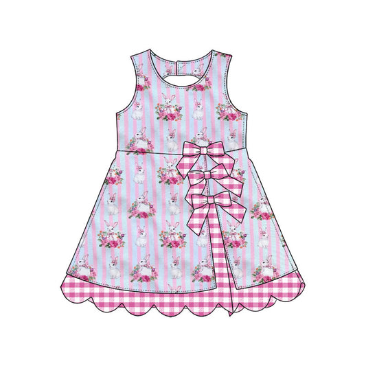 Preorder (moq 5) Baby Girl Clothes Easter Bunny Floral Pink Blue Stripe Print Sleeveless Dress With Plaid Bow