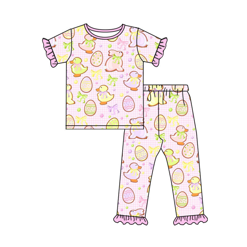 Preorder (moq 5) Baby Girl Clothes Easter Bunny Duck Egg Gingham Print Short Sleeve Ruffle Top Ruffle Long Pant Outfit Set