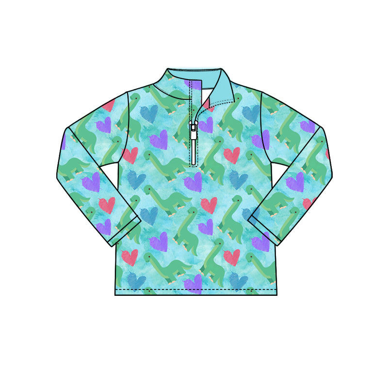Preorder (moq 5) Baby Girl Clothes Dinosaur Heart Watercolor Print Long Sleeve Half Zip Pullover Top