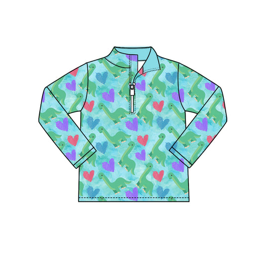 Preorder (moq 5) Baby Girl Clothes Dinosaur Heart Watercolor Print Long Sleeve Half Zip Pullover Top