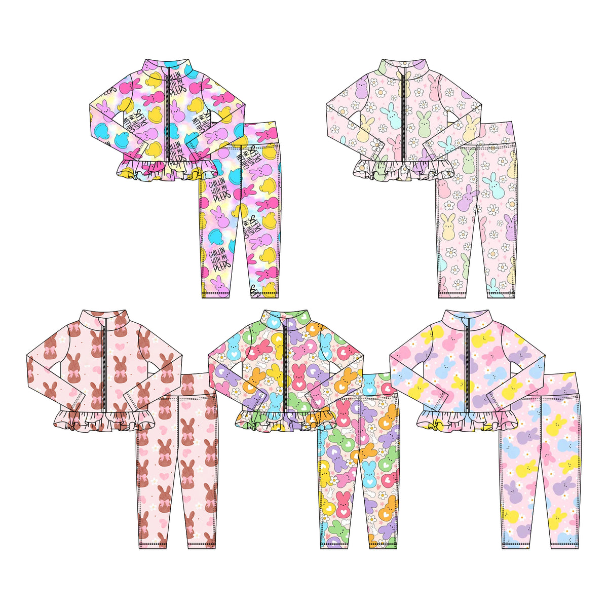 Preorder (moq 5) Baby Girl Clothes Easter Peeps Tie Dye Letter Print Long Sleeve Zipper Ruffle Rash Guard Set