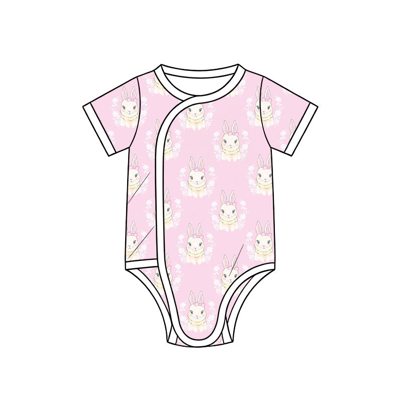 Preorder (moq 5) Baby Girl Clothes Pink Bunny Portrait Floral Mixed Print Short Sleeve Side Snap Bodysuit