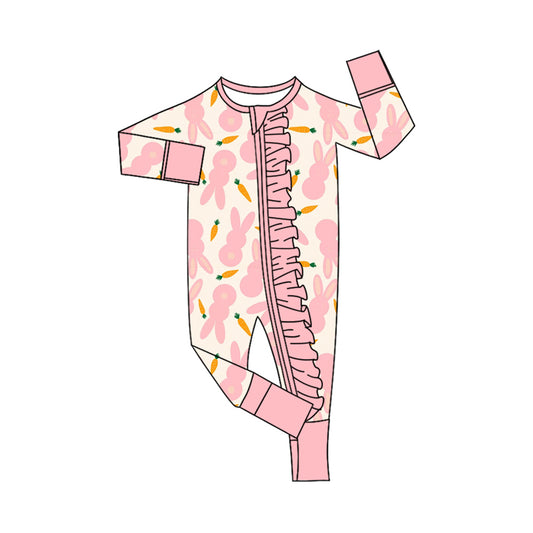 Preorder (moq 5) Baby Girl Clothes Easter Light Pink Bunny Carrot Silhouette Print Long Sleeve Ruffle Zipper Romper