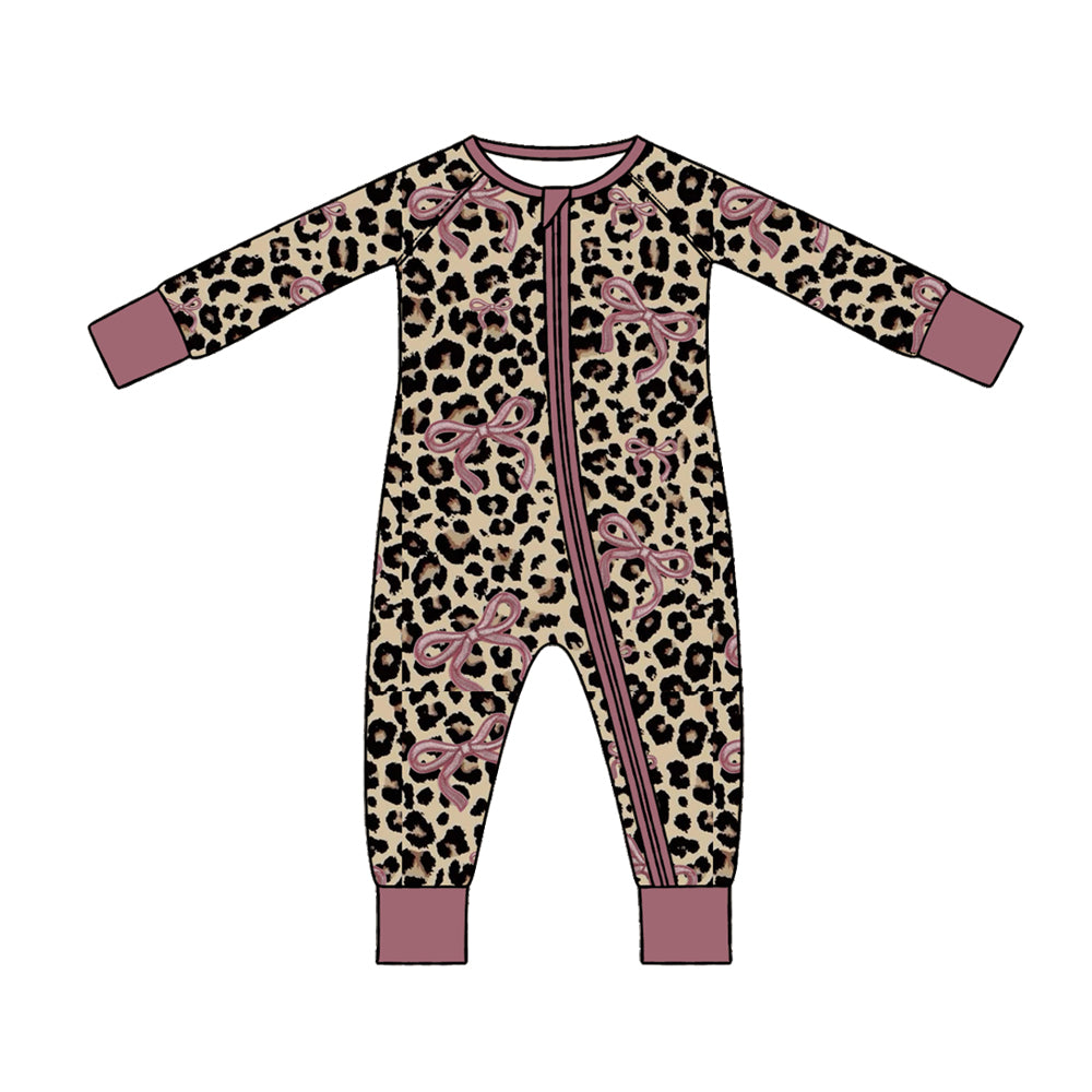 Preorder (moq 5) Baby Girl Clothes Leopard Dusty Pink Bow Print Long Sleeve Zipper Romper