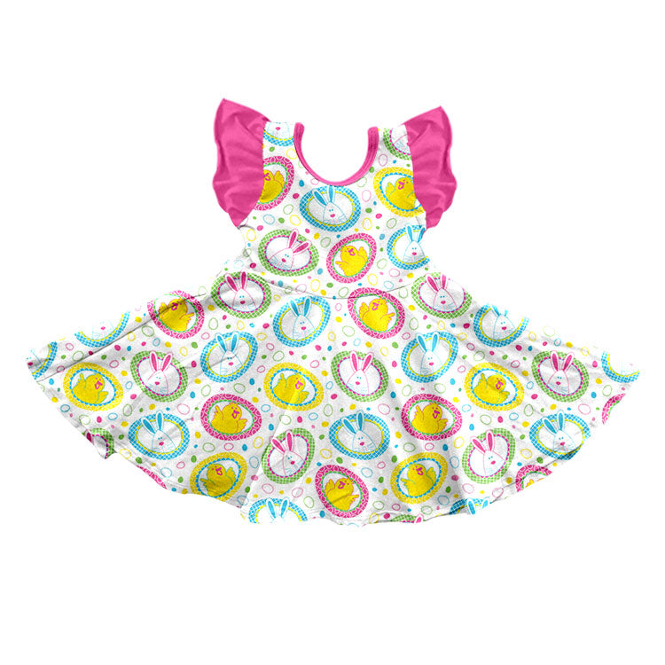 Preorder (moq 5) Baby Girl Clothes Easter Bunny Chick Circle Print Sleeveless Ruffle Twirl Dress