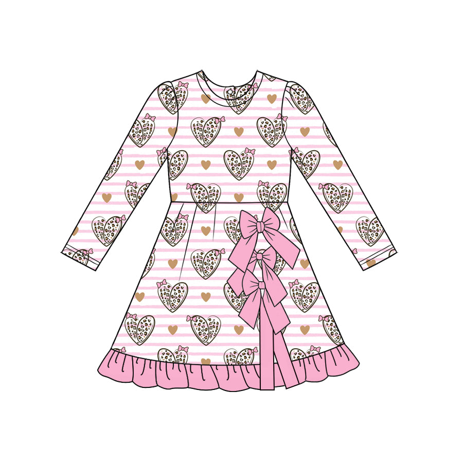 Preorder (moq 5) Baby Girl Clothes Pink Striped Leopard Heart Print Long Sleeve Bow Ruffle Dress