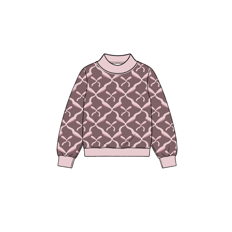 Preorder (moq 5) Baby Girl Clothes Brown Base Pink Bow Geometric Print Long Sleeve Mock Neck Top
