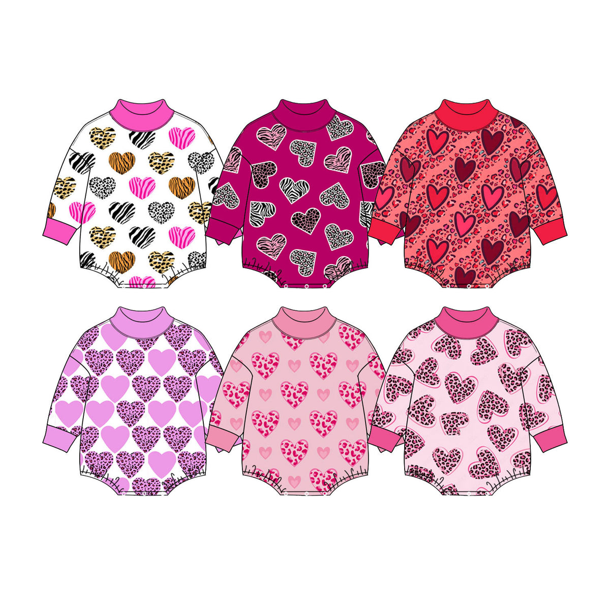 Preorder (moq 5) Baby Girl Clothes Valentine Pink Leopard And Solid Heart Allover Print Long Sleeve Turtleneck Bodysuit
